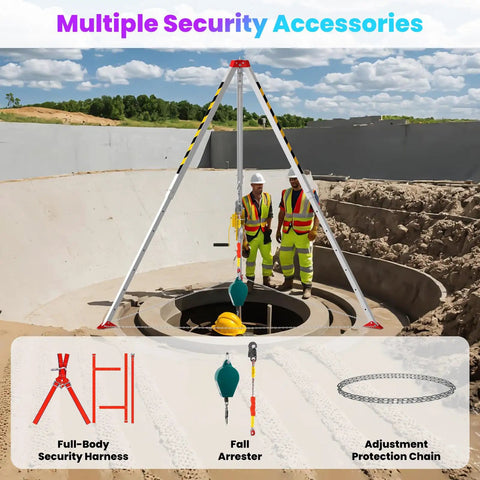 Heavy Duty Confined Space Tripod Kit With 1800 LB Load Rating And Secure Safety Harness Belt For Tunnel Well Sewer Rescue Jobs Rock Solid Portable Stand Built Tough For The Grind With No Sweat Assembly On Site