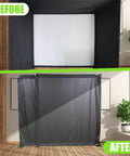Before and after of foldable golf enclosure kit for home use with easy setup and space saving indoor golf simulator for realistic practice.