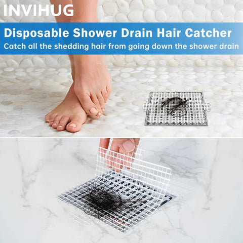 Close-up of Disposable Shower Drain Hair Catcher Mesh Stickers 25 Pack Large 4.1 Inch Square Drain Covers in use.