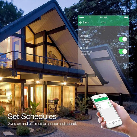 Smart WiFi Wall Light Switch With Glass Panel scheduling on mobile app, showing house with remote control via mobile app.