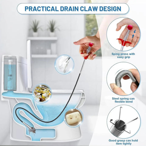 116 Inch Flexible Grabber Claw Tool Reacher For Hair Clogs In Toilet Sewer Shower Kitchen And Bathroom Drains, 4-Prong Claw With Easy Grip Handle, Quick Clog Remover For DIY Home Fix