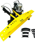 INTSUPERMAI Electric Hydraulic Pipe Bender For Round Tubes 0.1 To 0.24 Inch Wall Thickness With 110V Power And 10 Dies showing yellow machine with multiple dies.