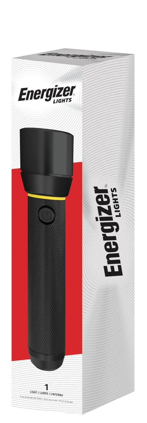 Energizer LED flashlight in packaging, showcasing durable design suitable for outdoors and emergencies.