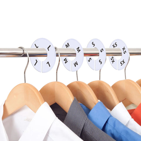 40 Pack Round White Plastic Closet Rack Dividers Preprinted With 8 Sizes XXS To XXXL For Easy Organization visible on closet rod