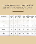 Xtreme heavy-duty solid wood bed slats measurement chart detailing sizes and specifications for solid pine slats.