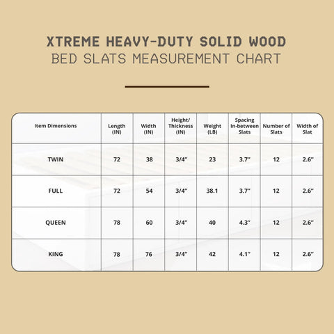 Xtreme heavy-duty solid wood bed slats measurement chart detailing sizes and specifications for solid pine slats.