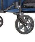 Close-up of wheel detail on Collapsible Folding Outdoor Utility Wagon With Oversized 36x21x15 Inch Bed, 150 Lb Load, Blue
