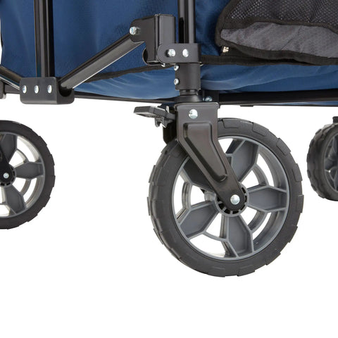 Close-up of wheel detail on Collapsible Folding Outdoor Utility Wagon With Oversized 36x21x15 Inch Bed, 150 Lb Load, Blue