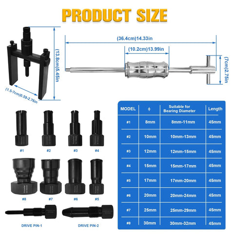 YATOINTO 12-piece blind hole bearing puller kit with slide hammer and 8–32mm collets; includes eight tips and drive pins.
