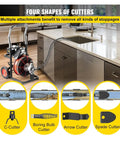 Heavy Duty Electric Drain Snake Machine Plug Busting Powerhouse For Kitchen Sink And Bathroom Toilet Sewer Unblocker with multiple cutter attachments.