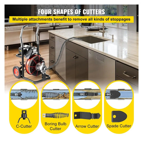 Heavy Duty Electric Drain Snake Machine Plug Busting Powerhouse For Kitchen Sink And Bathroom Toilet Sewer Unblocker with multiple cutter attachments.