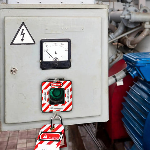 Industrial control panel with Emergency Stop Button Cover Box Type Transparent Guard Lockout Shield For Stop Button installed