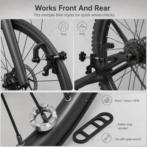 Slick Portable Bike Wheel Truing Stand, Precision Spoke Adjuster For MTB And Road Cycles shown with adjustable clamps and spoke wrench.