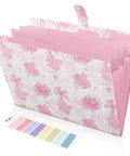 Floral 5 Pocket Accordion File Organizer For Bills Receipts And Documents, pink expanding file folder with floral design, label tabs visible