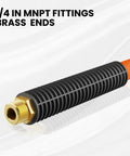 Close-up of brass MNPT fitting on Hybrid Air Hose Three Eighths Inch By Six Ft Lightweight With One Quarter Inch MNPT Fittings
