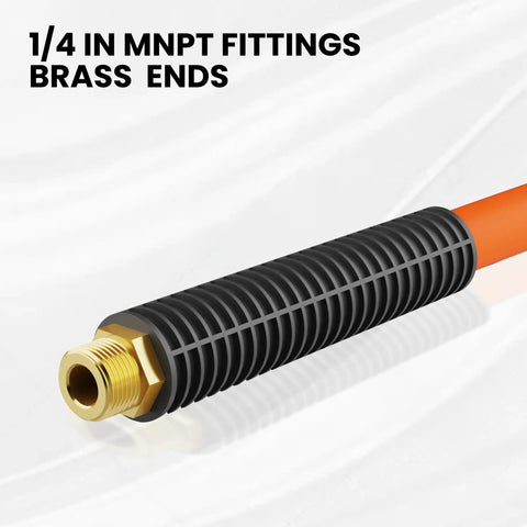 1/4 inch MNPT fittings on Hybrid Air Hose Three Eighths Inch By Fifty Feet With One Quarter Inch MNPT Fittings, 300 PSI Heavy Duty Workhorse