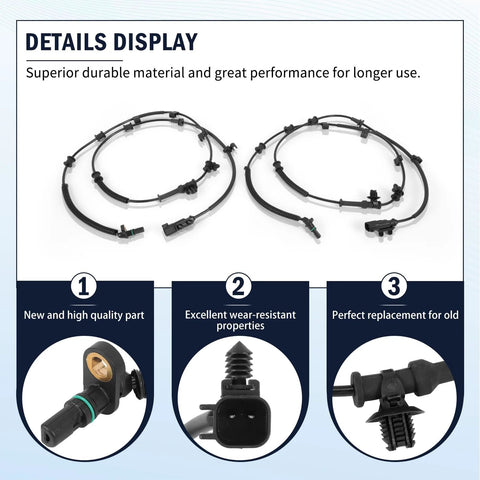 Pair of ABS wheel speed sensors with wiring harnesses for Jeep Wrangler 2018–2023 front left and right, 2-piece set.