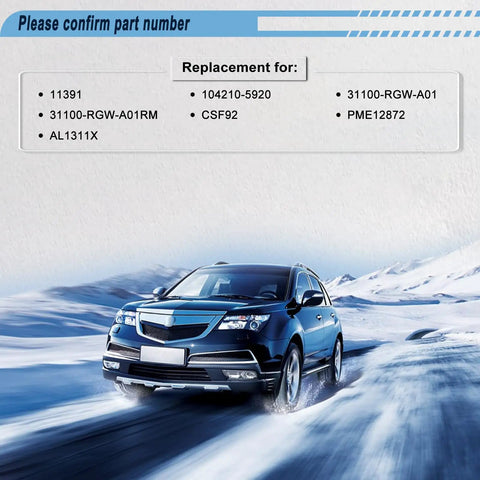 Car driving in snowy landscape with part numbers for Honda Alternator Replacement For Odyssey Pilot MDX TL TSX ZDX 3 5L 3 7L V6 Fits 2008 Through 2013 Models Replaces 1042105920 31100 RGW A01 11391N OE Style High Output Durability.
