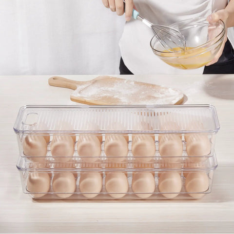 Clear Stackable Egg Organizer For Fridge Fits 14 Eggs BPA Free Plastic Storage Bin For Fridge Organization Durable No Mess Crystal Clear Tray Set 2 Pack Bundle