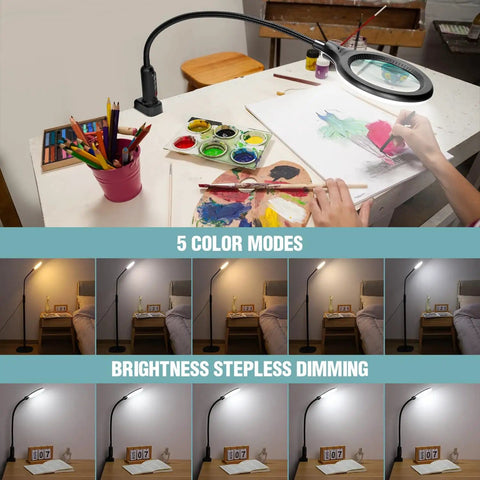 Real Glass 12X Magnifying Floor Lamp with Light and Stand hands-free setup for art with gooseneck, color modes, and dimming.
