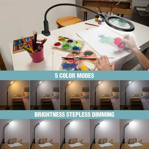 10X Magnifying Glass With Light Floor Lamp LED Flexible Gooseneck Magnifier showing 5 color modes and dimming options over art desk.