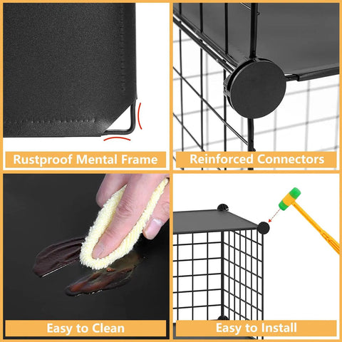 Collage of Space Saver 9 Cube Wire Grid Storage Organizer details; rustproof frame, reinforced connectors, easy to clean and install.