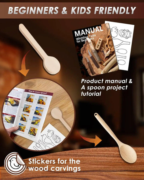 Deluxe Wood Carving Kit For Beginners To Pros With Leather Case And Packed Whittling Tool Set, spoon blank, manual, templates
