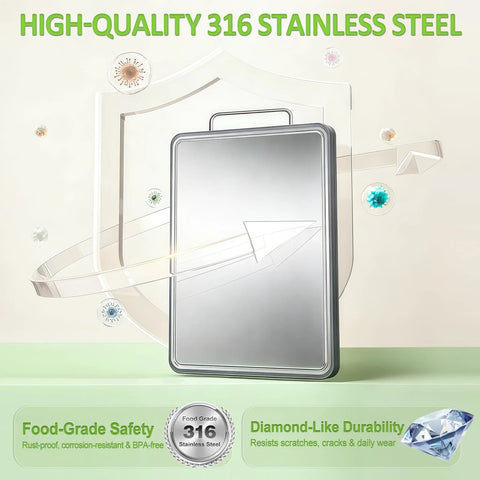 Front view of ANYZONE 17x11 inch stainless steel cutting board; double-sided, 316 stainless, heavy-duty chopping board