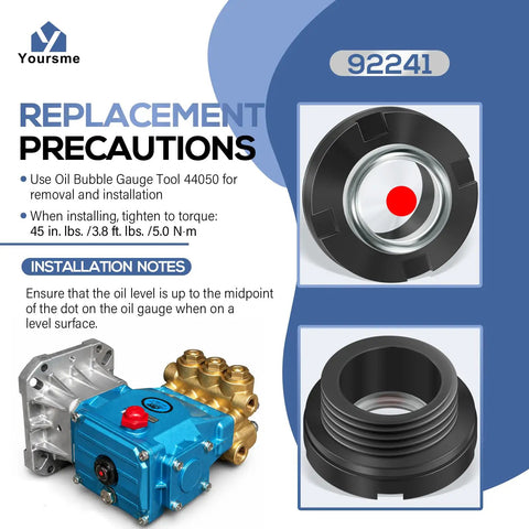 Oil Level Sight Glass With Gasket And Oil Fill Cap Kit For Pumps 2SF 3DX 4DX 5DX Fits DeWalt Pressure Washers DXPW3025 DH3028 DH4240 Prevent Leaky Seals And Keep Your High Pressure Pump Running Smoothly with replacement precautions and installation notes.