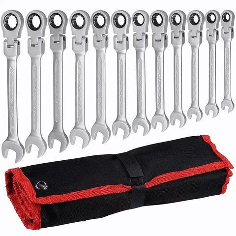 Go-To Universal Ratchet Spanner Set 6-24mm With Easy-Grip Wrench Kit For Car Repair And Home Maintenance, shown with tool roll