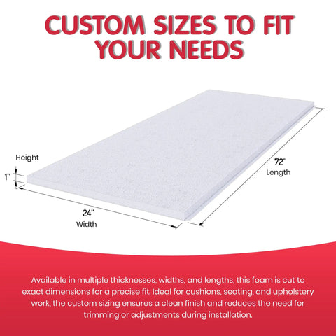 High Density Upholstery Foam Cushion Replacement 2 Inch Thick 24 Inch Wide 72 Inch Long, shown with dimensions.