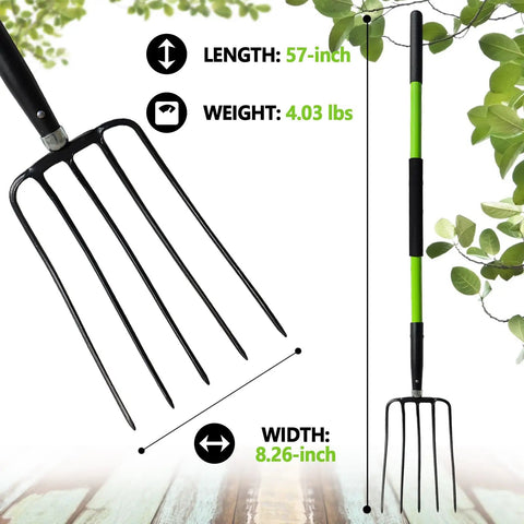 57 Inch 5 Tine Steel Garden Pitch Fork With Cushioned Grip Heavy Duty Mulch And Compost Fork Green Fiberglass Handle