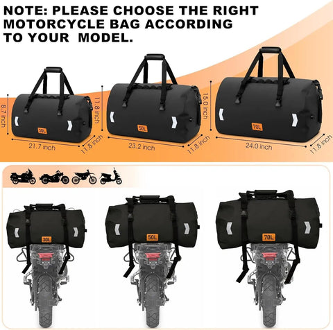 Sizes of Waterproof 30L Motorcycle Dry Bag With Roll Top Closure Air Valve And Quick Fix Straps Rugged All Weather Gear Black