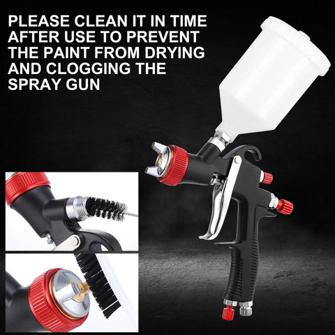 Top Tier LVLP Air Spray Gun Kit With Four Quick Swap Tips And A Roomy Six Hundred Milliliter Cup, featuring cleaning tips.