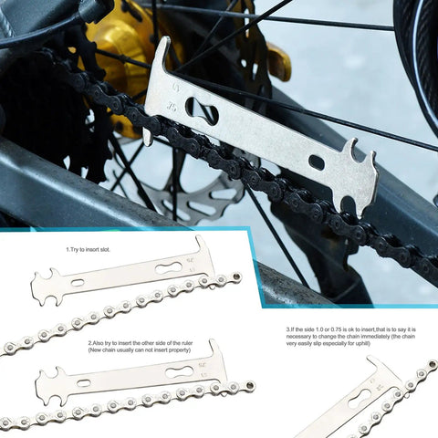 Close-up of Beefed Up Bike Chain Tool Kit chain checker in use on a bicycle chain for 7 to 11 speed and single speed bikes.