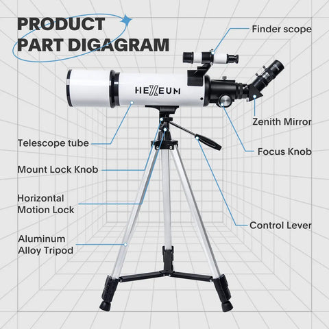 80mm 600mm Telescope For Adults And Beginners With Altazimuth Mount Dope Eyepieces 25mm And 10mm 3x Barlow Lens 24x To 180x Magnification Moon And Planets Ready Easy Setup Stargazing Kit aluminum alloy tripod, part diagram