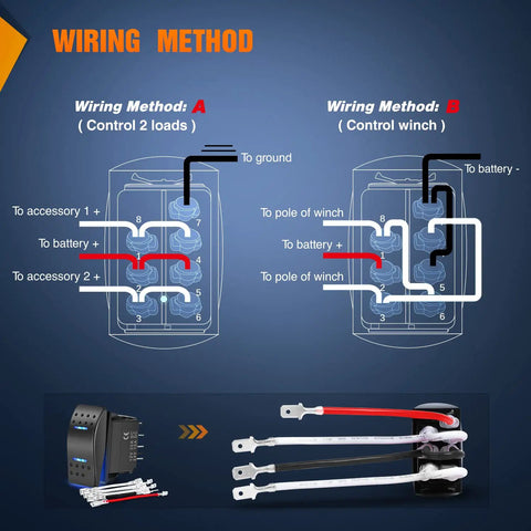 7 Pin Momentary DPDT Rocker Switch On Off On Waterproof 12V 20A 24V 10A With Jumper Wires For Winch Trucks RVs Boats Cars Blue Heavy Duty Panel Mount For Auto Off Road Marine Applications wiring diagram with two load and winch connections