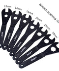 Ultra Slim Bicycle Cone Wrench Set For Tight Hub Cones And Axle Nuts, 7-Piece 13mm to 19mm spanners displayed with sizes