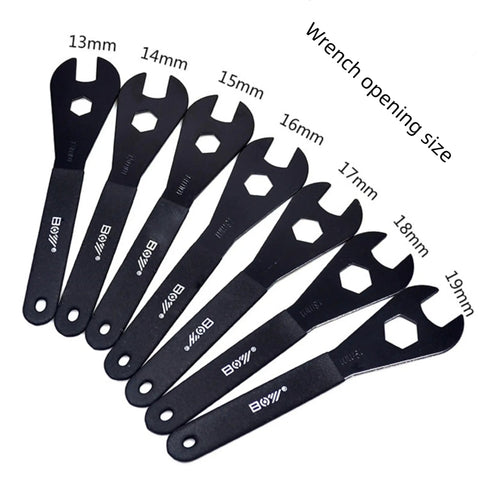 Ultra Slim Bicycle Cone Wrench Set For Tight Hub Cones And Axle Nuts, 7-Piece 13mm to 19mm spanners displayed with sizes