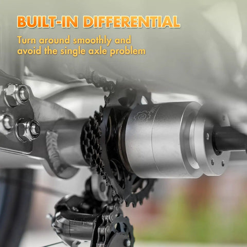 Built-in differential gear on No Fuss Low Step Through Electric Tricycle For Adults With Passenger Bench And Massive Range 500W Torque Motor.