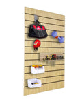 Maple Wood Grain Slatwall Panel For Retail Displays And Tool Organization 24x40 Inch Wall Mount Panel with hooks and shelves