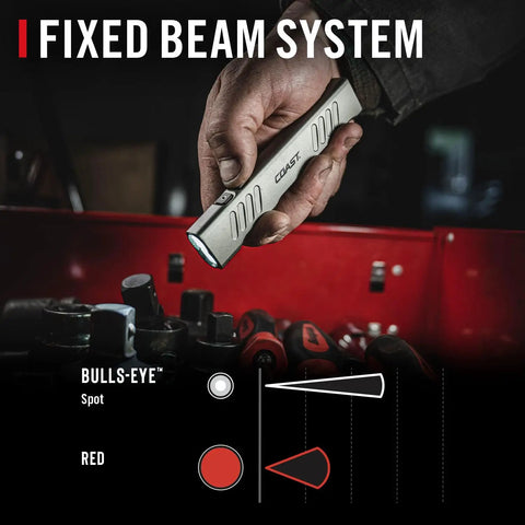 Hand holding 1000 Lumen USB C Rechargeable LED Flashlight with red mode, dual spotlight, and flood beam over red toolbox.