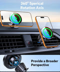 MagSafe Car Mount Charger With Strong Magnets For Fast Wireless Charging 15W on vehicle dashboard demonstrating 360-degree rotation.