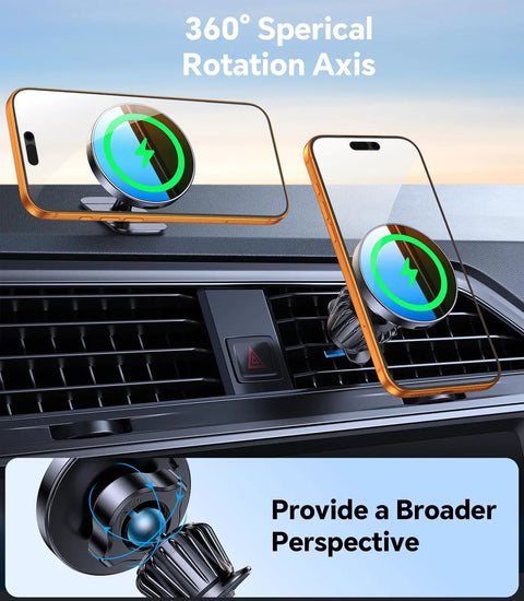 MagSafe Car Mount Charger With Strong Magnets For Fast Wireless Charging 15W on vehicle dashboard demonstrating 360-degree rotation.
