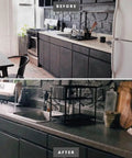Before and after of a kitchen with Grey Soapstone Kitchen Countertop Backsplash Peel And Stick Vinyl Wrap 36 By 180 Inches Waterproof.