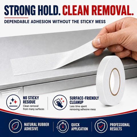 White Cloth Duct Tape Half Inch By 60 Yards No Hassle Peel Residue Free Grip Heavy Duty Rubber Adhesive being unrolled from a roll.