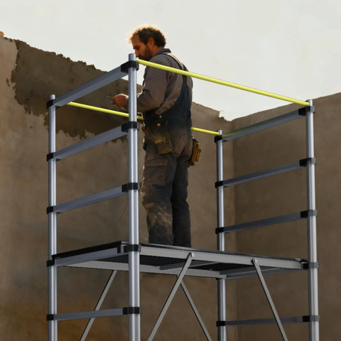 Man using Heavy Duty Aluminum Scaffold Tower Ready To Roll Work Platform Adjustable Utility Scaffolding With Hatch Deck And Guard Rail 500 Pounds Capacity.
