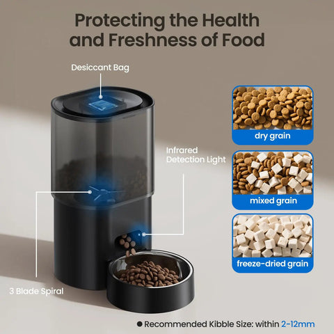 Smart Automatic Pet Feeder And Water Fountain For Cats And Dogs With Wifi App Control and Voice Recorder showing 3 blade spiral and food hopper.