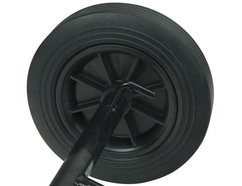Close-up of 5-inch wheel of Model 32 Transporter For RIDGID 300 Pipe Threading Machine And Power Drive Heavy Duty Rubber Tired Cart.