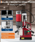 Portable Magnetic Drill Press Kit Pro Grade For Real World Use With 2 In Boring Diameter, 1550W Power, shown with accessories.